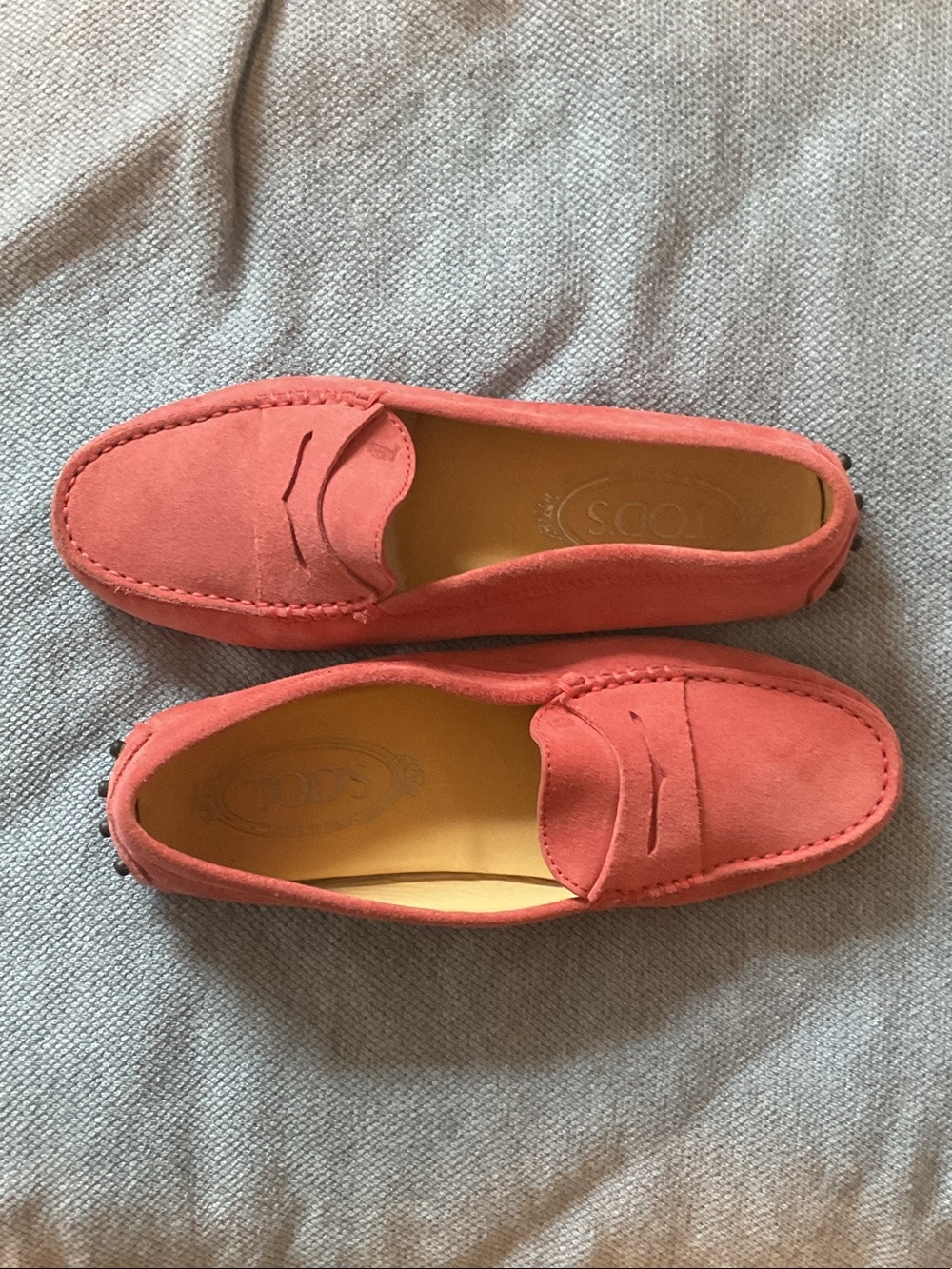 Tod's Coral Suede Loafers in Warm Coral